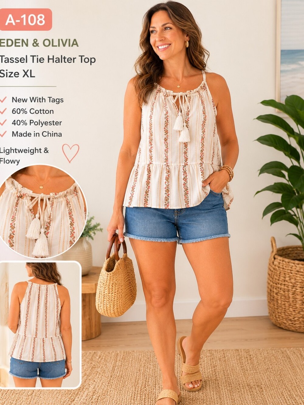 A-108 Eden & Olivia NWT Floral Stripe Tassel Tie Peplum Tank Top XL Boho